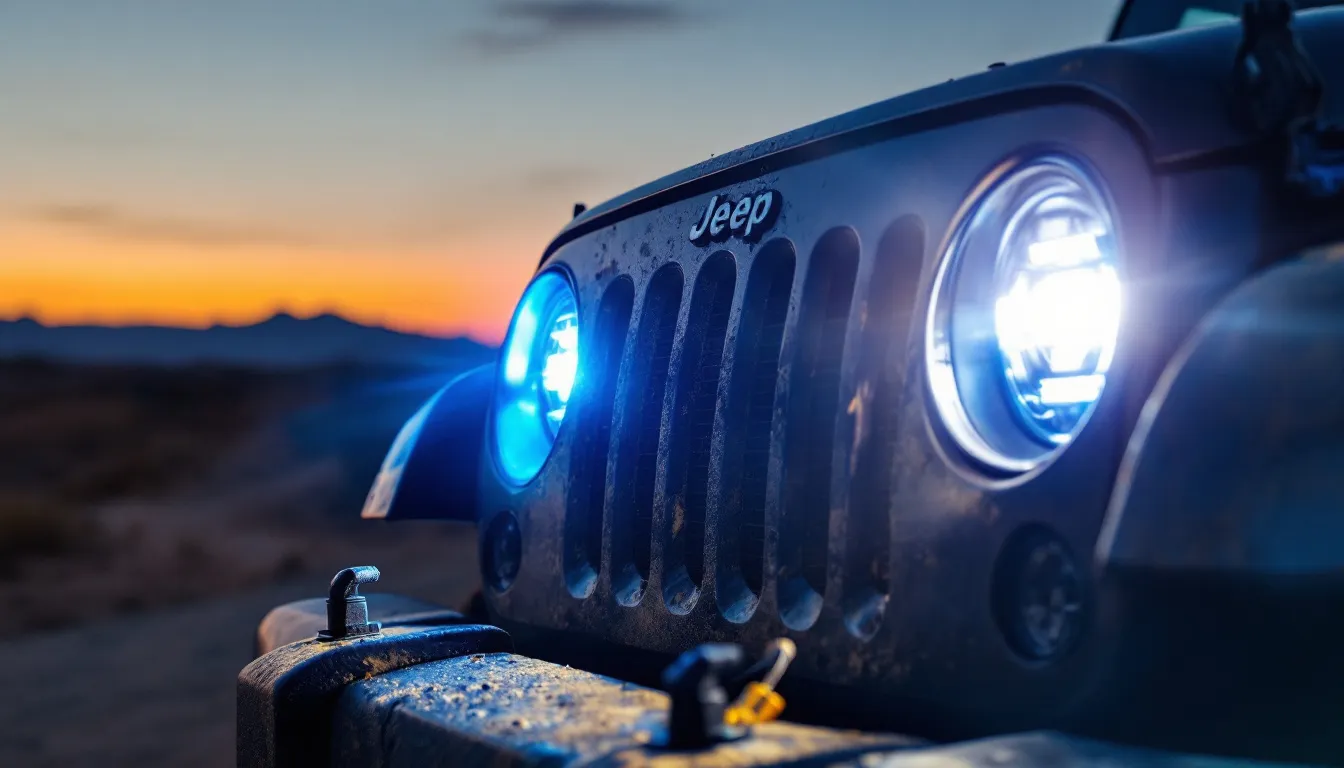 2007-2018 Jeep JK Wrangler front end at dusk showing HID vs LED headlight conversion side by side with wiring harness visible near the grille