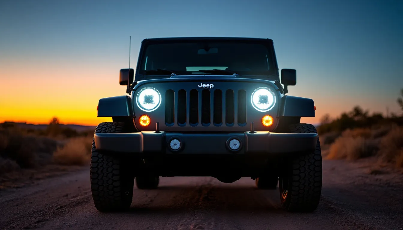2007-2018 Jeep Wrangler JK at dusk on a gravel road with round 7-inch LED headlights glowing bright white in classic sealed-beam style