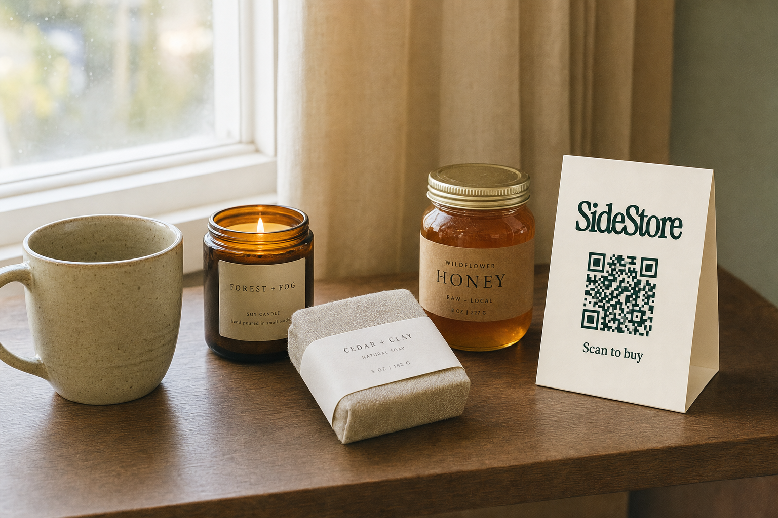 A hotel side table displaying locally made products including a ceramic mug, candle, soap, and honey jar alongside a standing SideStore tent card with a scan-to-buy QR code