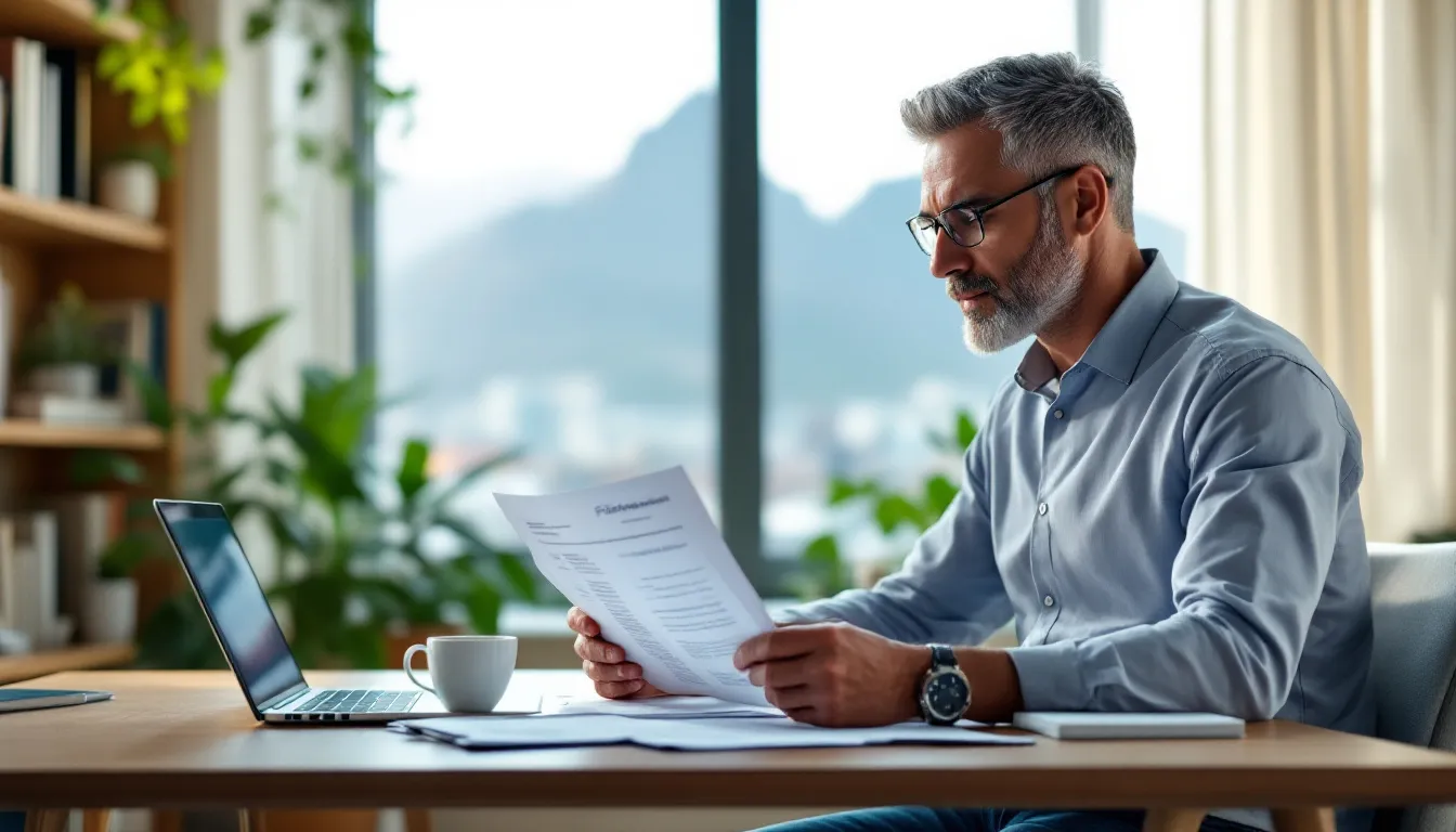 South African professional reviewing retirement annuity planning documents at a home office desk with a city skyline visible through the window
