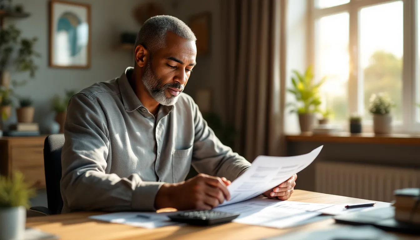 South African professional reviewing preservation fund documents at a desk, planning for retirement