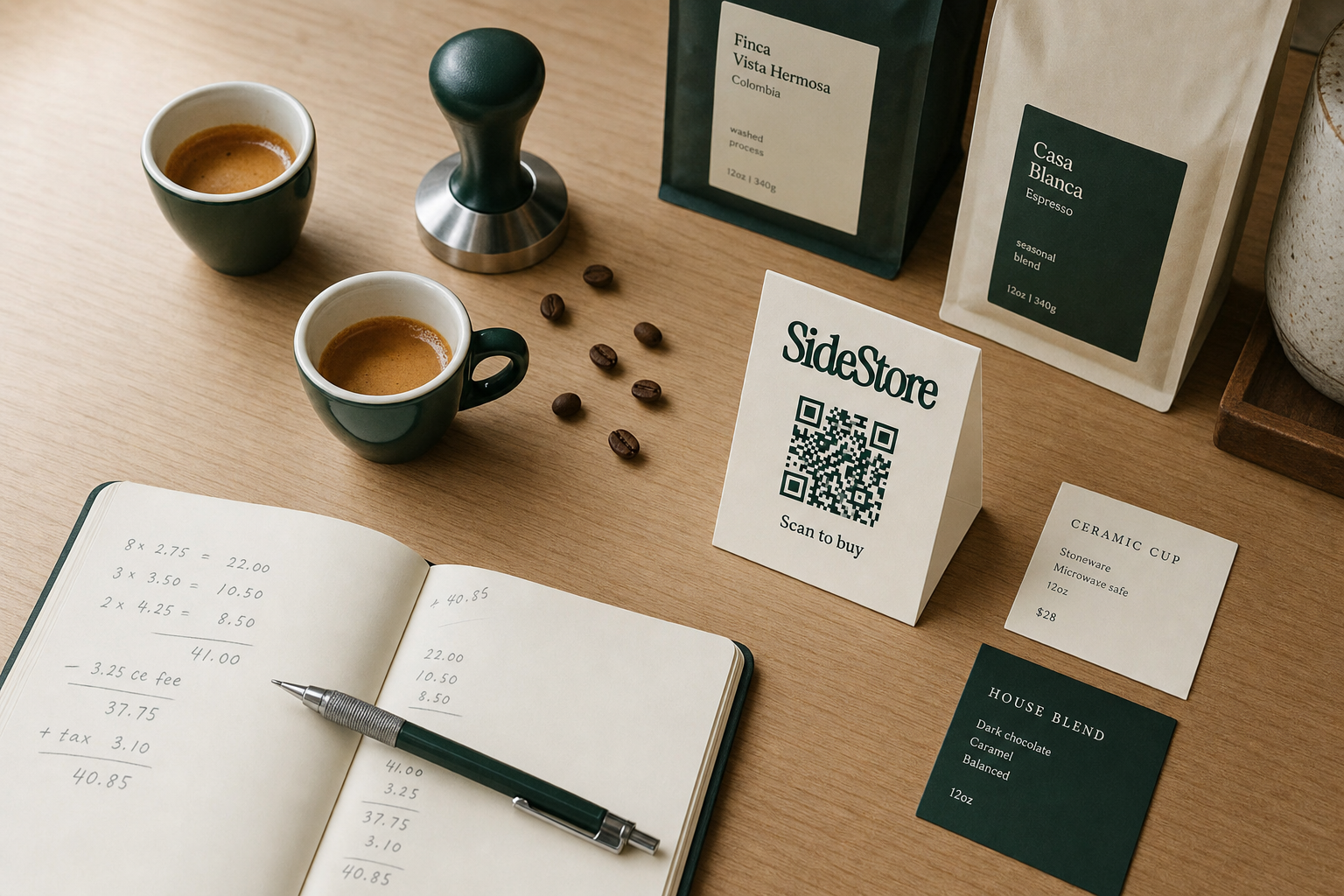 Overhead flat-lay of a coffee shop counter with espresso cups, a notebook showing margin calculations, a pencil, and artisan product cards on a warm wood surface.