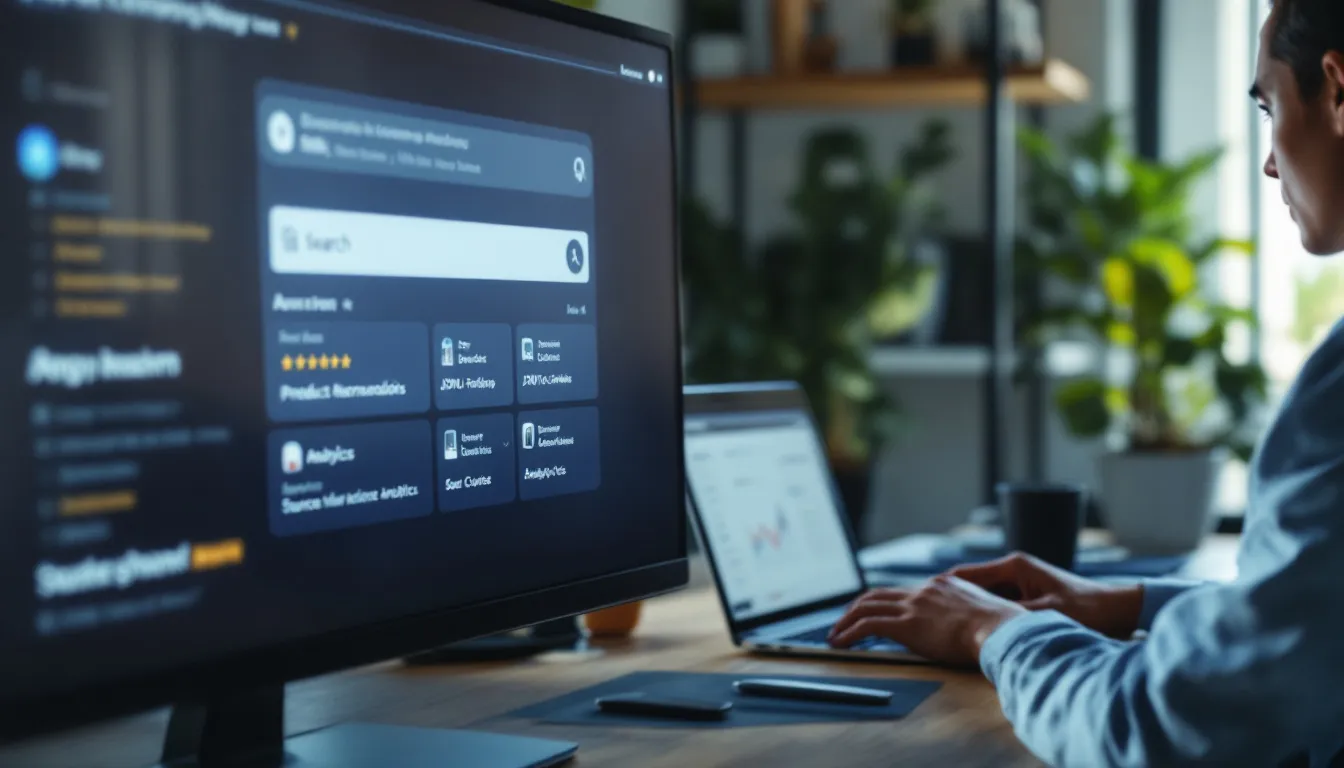 Split-screen showing a Perplexity AI search interface with product recommendation cards on a monitor beside a marketer reviewing structured data schema markup on a laptop