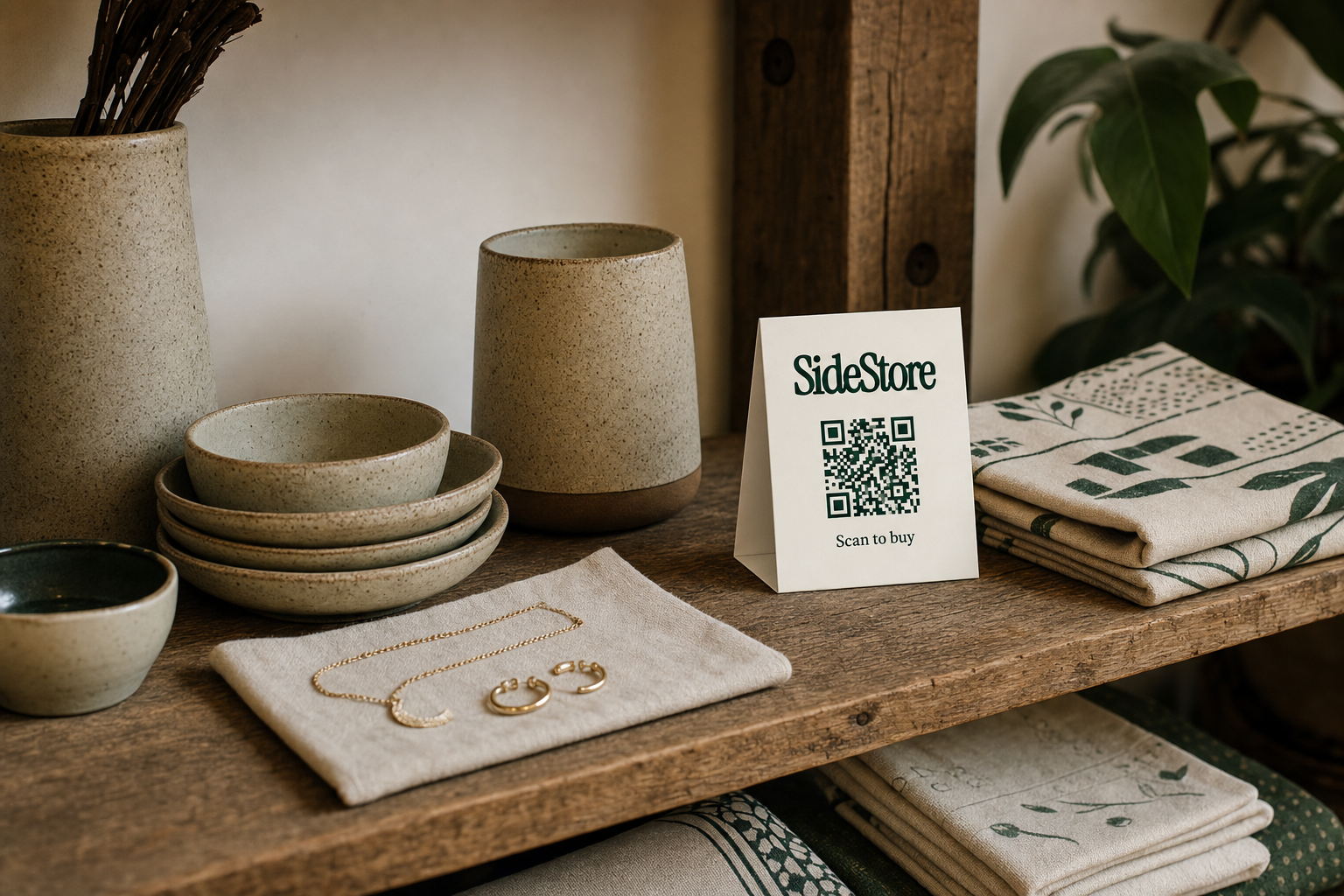 Handmade ceramics, jewellery, and printed goods arranged on a wooden boutique shelf beside a folded ivory SideStore tent card standing upright showing a navy green QR code and the words Scan to buy