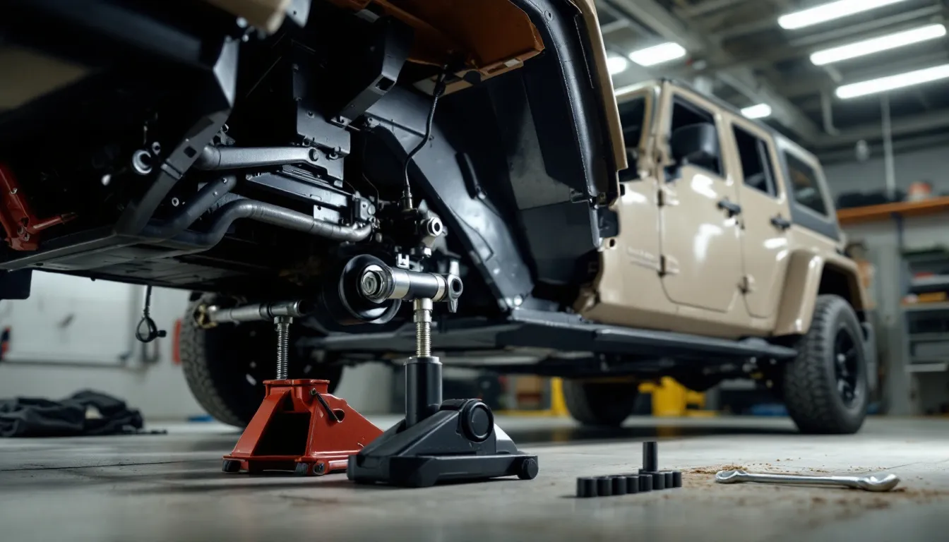 Mechanic installing body lift kit spacer pucks on a Jeep JK Wrangler body mount in a garage workshop