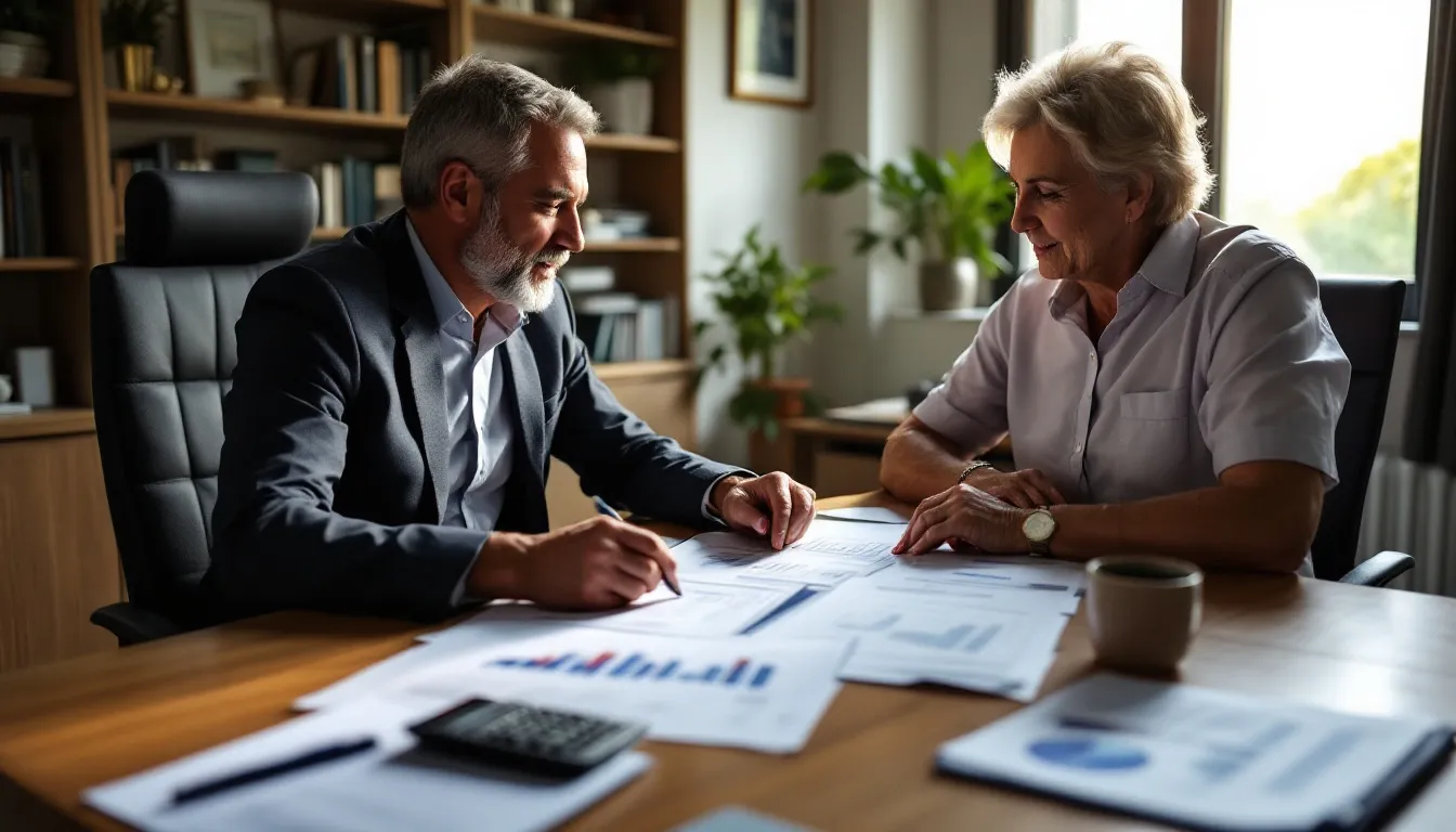A CFP financial advisor reviewing a large lump sum investment plan with a client couple in a professional South African office setting