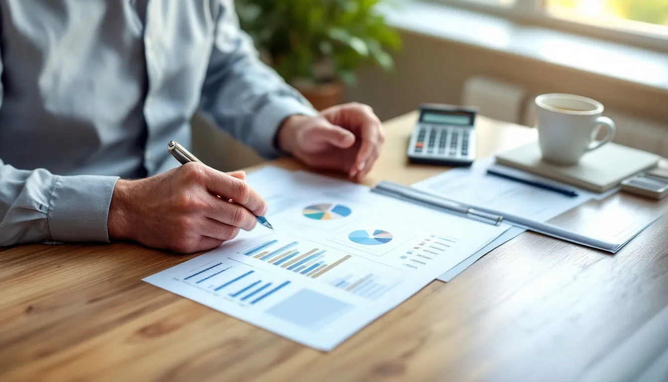 A South African investor reviewing a diversified portfolio allocation plan at a wooden desk with printed financial documents, a calculator, and a pen
