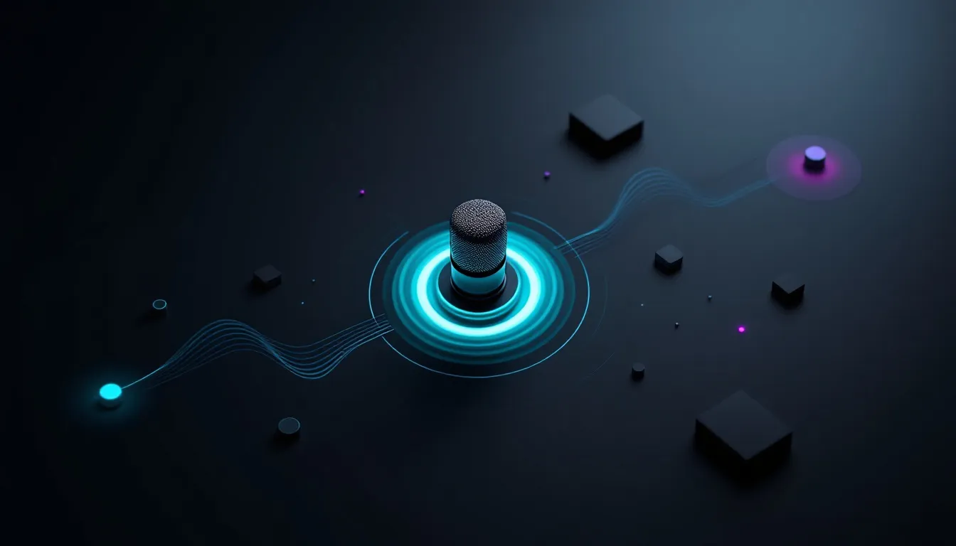 Abstract dark overhead composition with a microphone, teal audio waveforms, and connected content distribution nodes representing faceless content creation and passive income streams