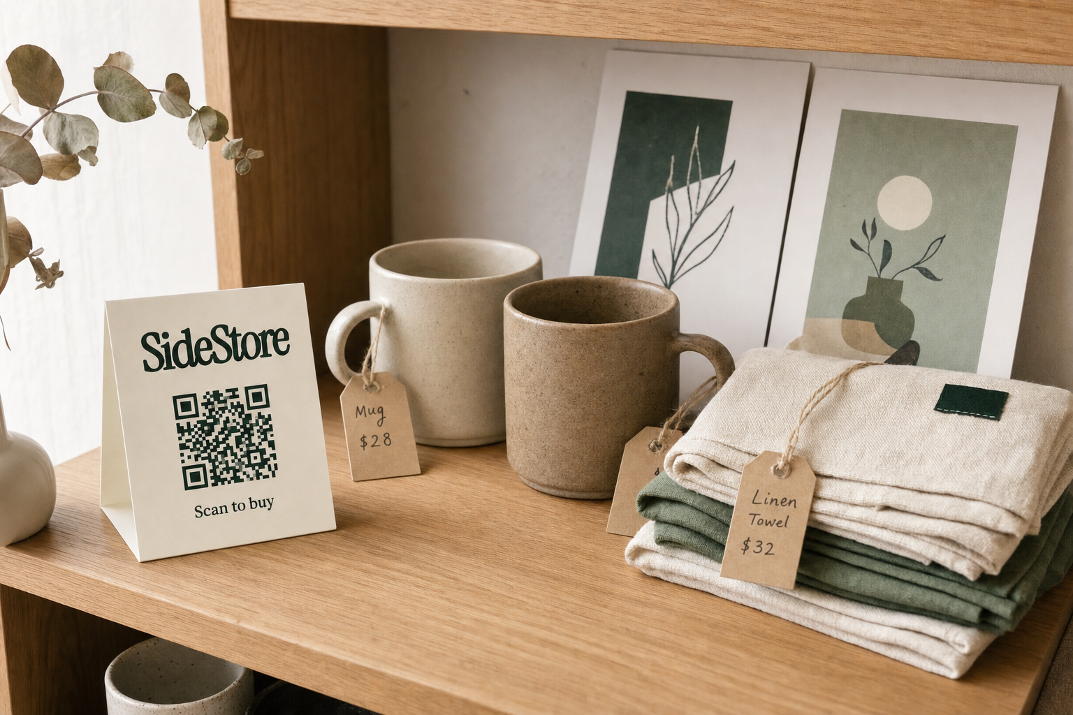 A boutique wooden shelf displaying handmade ceramic mugs, folded linen textiles, and illustrated prints, each with a small kraft paper price tag, photographed in natural light with a clean Swiss-minimal aesthetic.