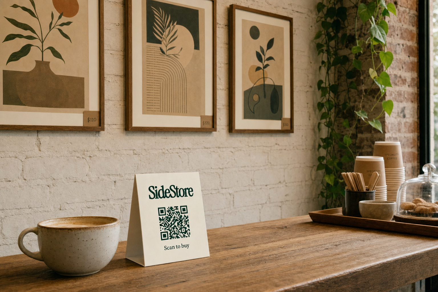 Framed art prints displayed on a whitewashed brick wall inside an independent cafe, with a folded SideStore tent card standing on the wooden counter below showing a scan-to-buy QR code
