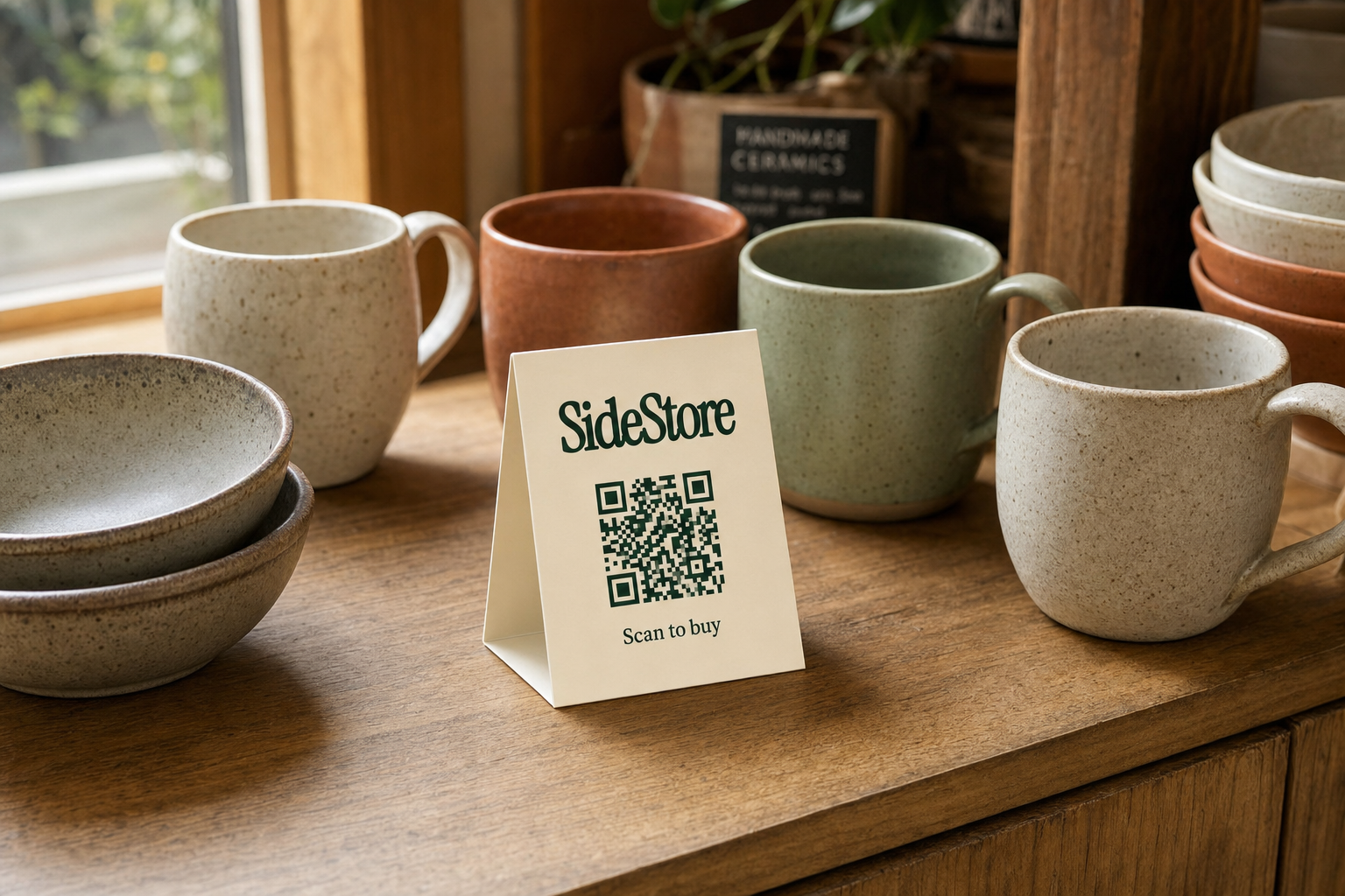 Handmade ceramic mugs and bowls arranged on a timber café counter beside a standing ivory SideStore tent card showing a navy green scan-to-buy QR code, natural side lighting
