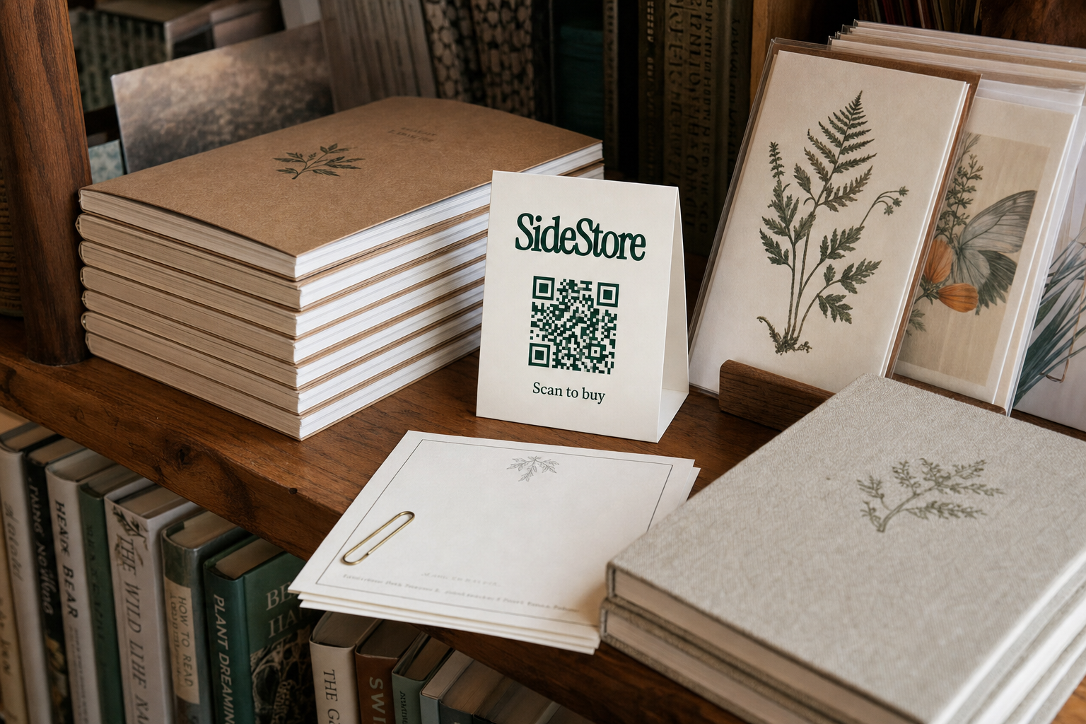 Overhead flat-lay of stationery including notebooks, greeting cards, and a standing SideStore QR tent card arranged on a wooden shelf inside an independent bookstore, lit by natural window light