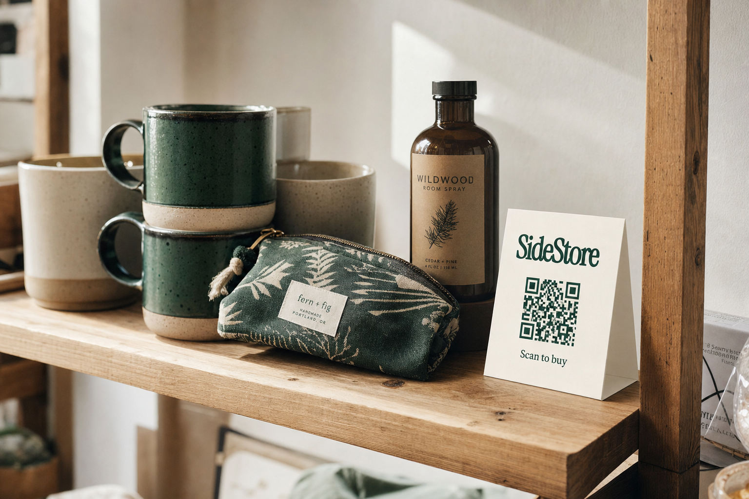 Handmade maker products displayed on a wooden boutique shelf alongside an ivory folded tent card with a navy green QR code and Scan to buy text, lit by warm natural light.