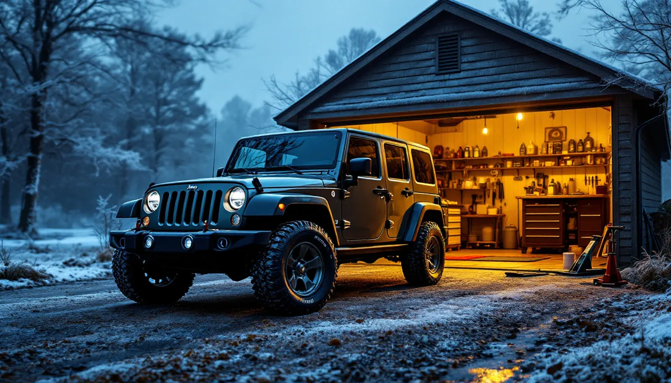 2014 Jeep Wrangler JK Unlimited parked on a frost-covered driveway with an open garage showing floor jack, motor oil jugs, and winter prep tools laid out — ready for a Jeep JK winterization session