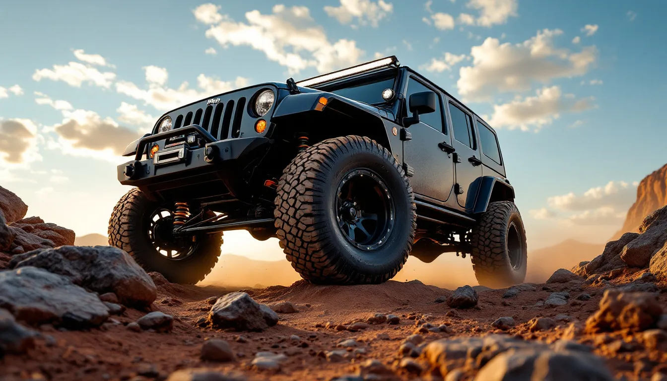 Lifted Jeep Wrangler JK on rocky trail showing ICON-style coilover shocks and suspension travel