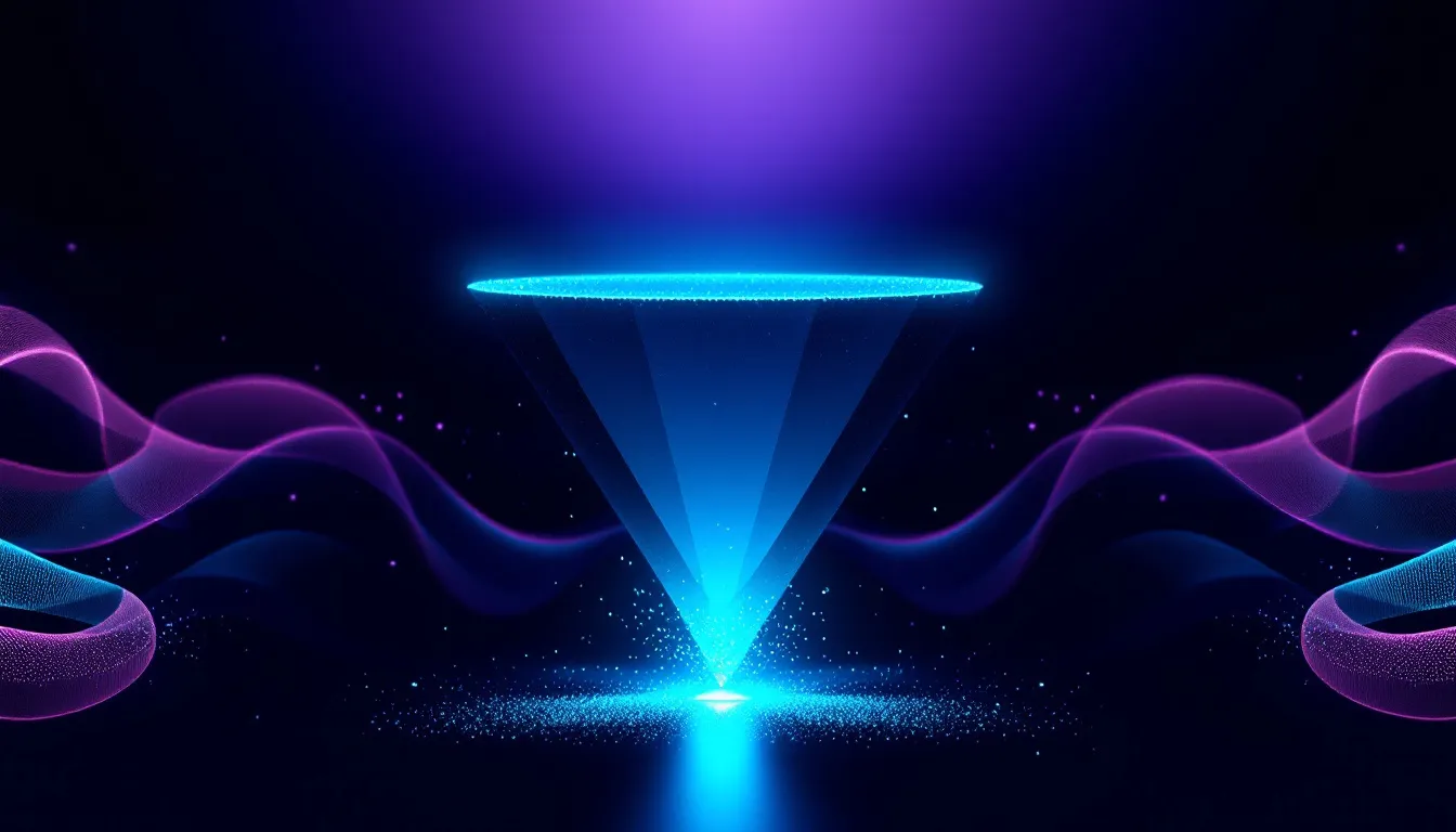 Abstract geometric funnel of layered dark planes converging to a teal glowing point, representing an inbound marketing traffic engine for solo founders