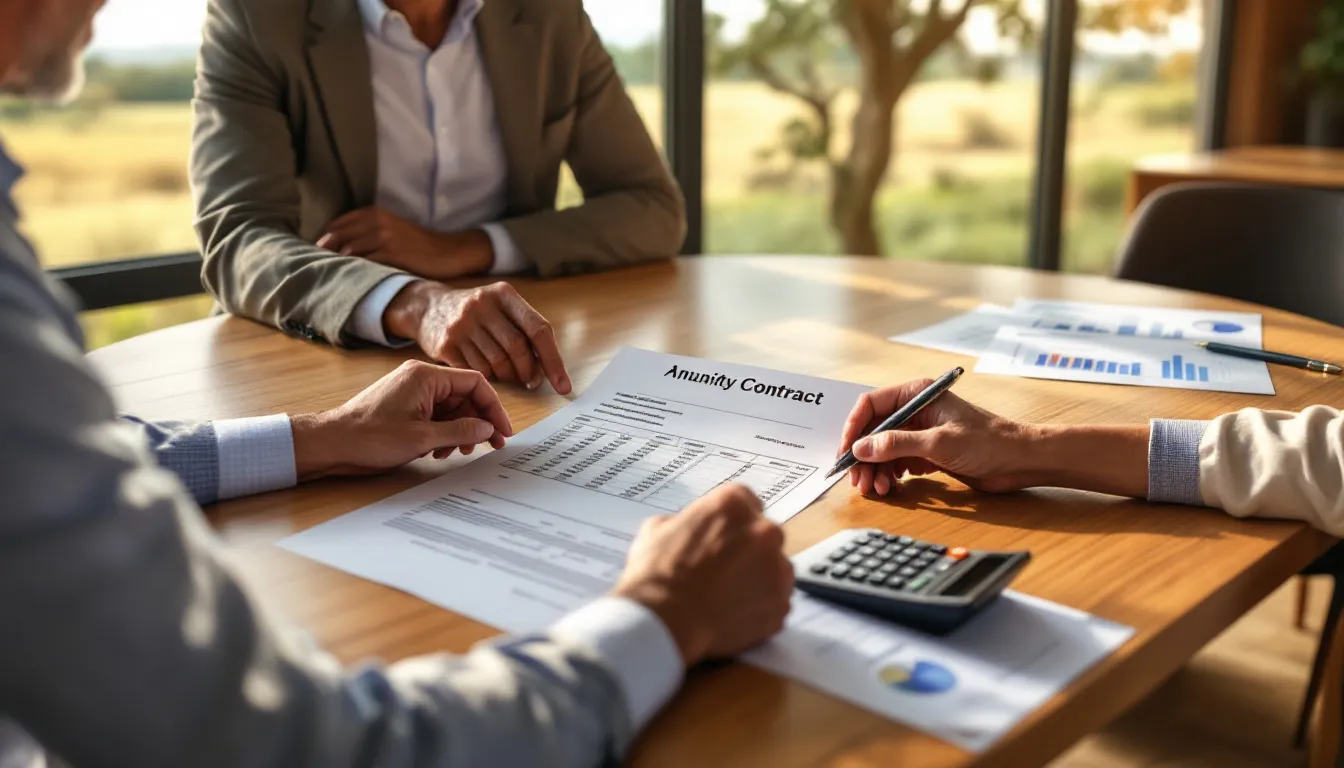 Two professionals review an annuity contract document at a wooden table with a calculator and financial charts visible