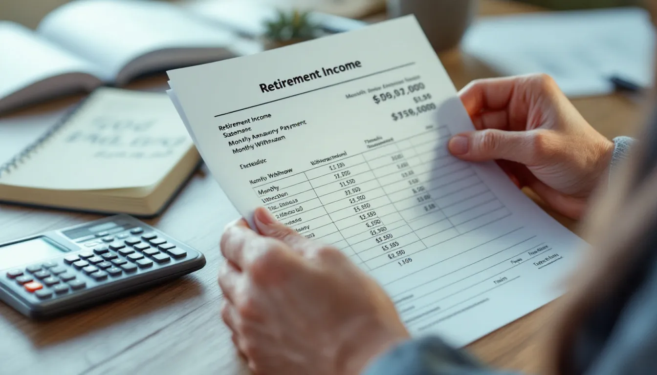 A person holds a printed retirement income statement showing monthly payments and withdrawals, with a calculator and open notebook