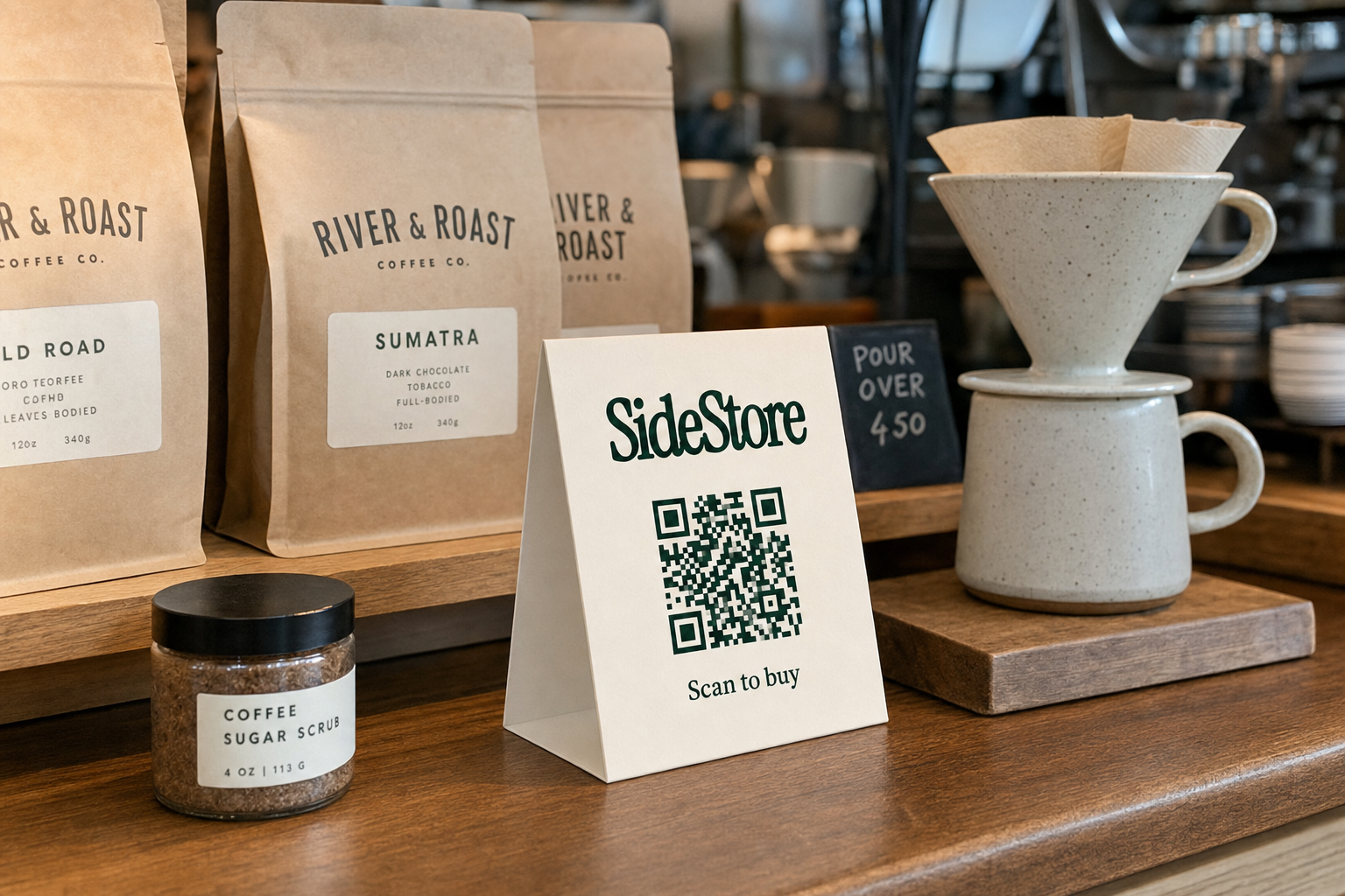 Coffee shop retail display with SideStore tent card and merchandise on wooden counter