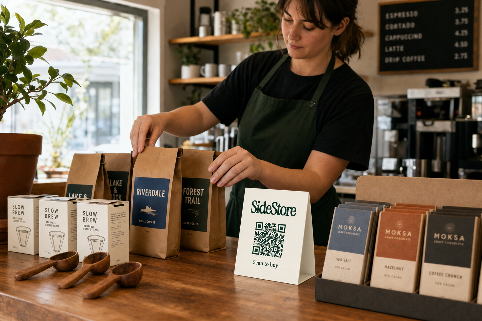 Coffee shop retail section setup with SideStore tent card displaying QR code among curated products