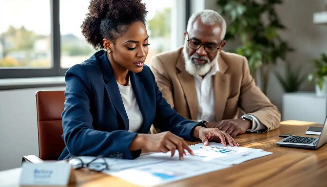 Financial advisor explaining retirement annuity tax deductions to a South African couple reviewing printed contribution statements at a desk