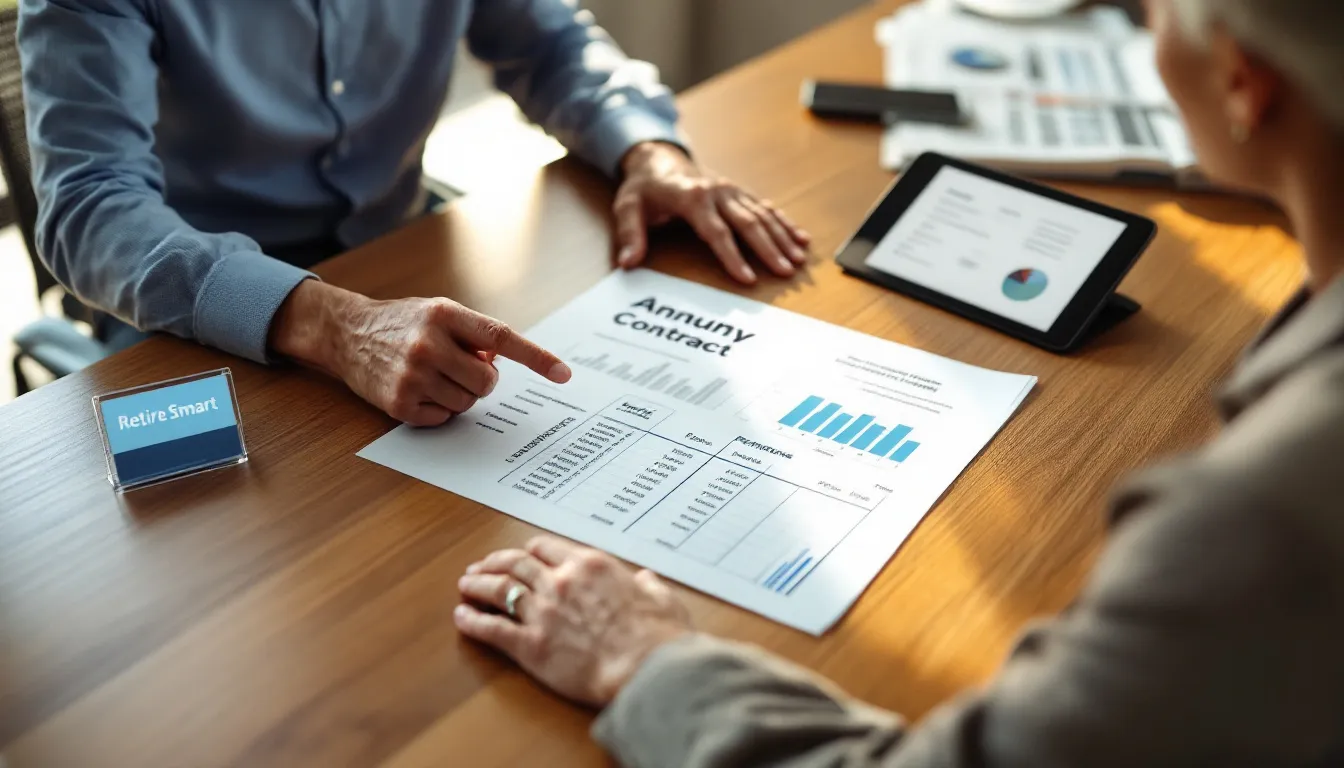 Two people review an annuity contract document with charts and graphs at a wooden table, with a tablet and business papers nearby