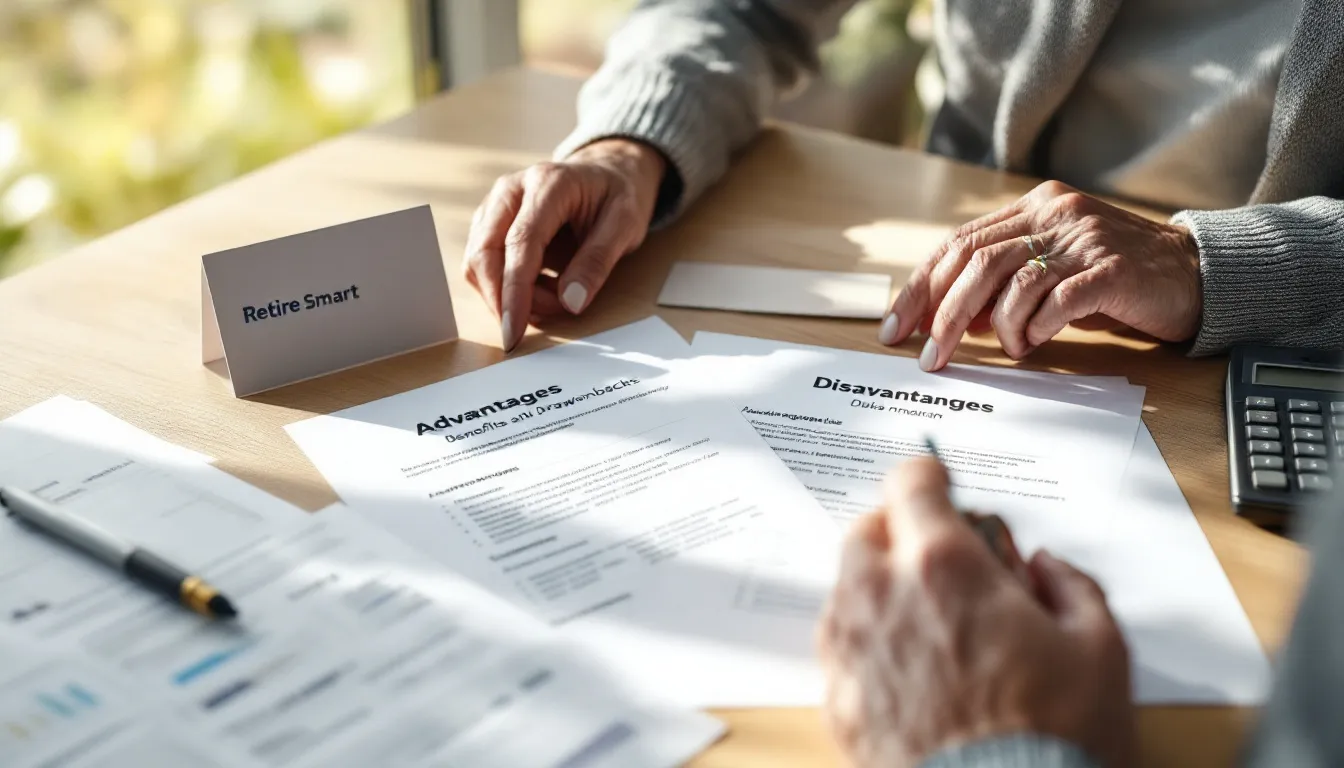 Two people review retirement planning documents labeled Advantages and Disadvantages at a wooden table with a Retire Smart nameplate