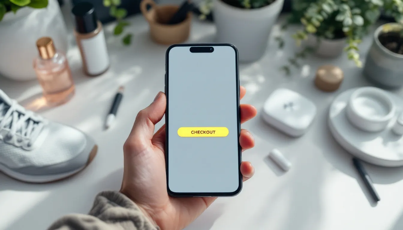 Smartphone showing e-commerce product page surrounded by various retail items on a clean desk setup
