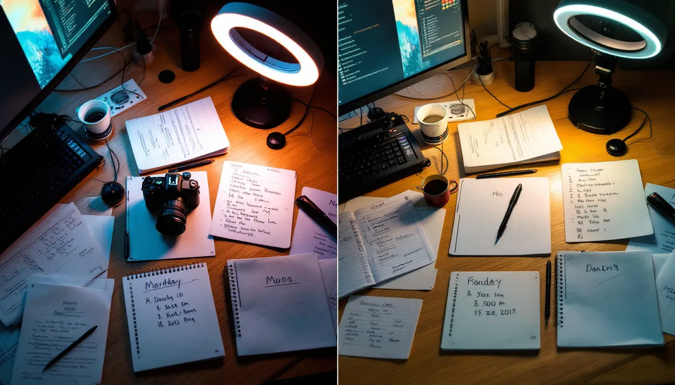 Content creator workspace shown in consistent, organized state with professional filming equipment and systematic daily setup