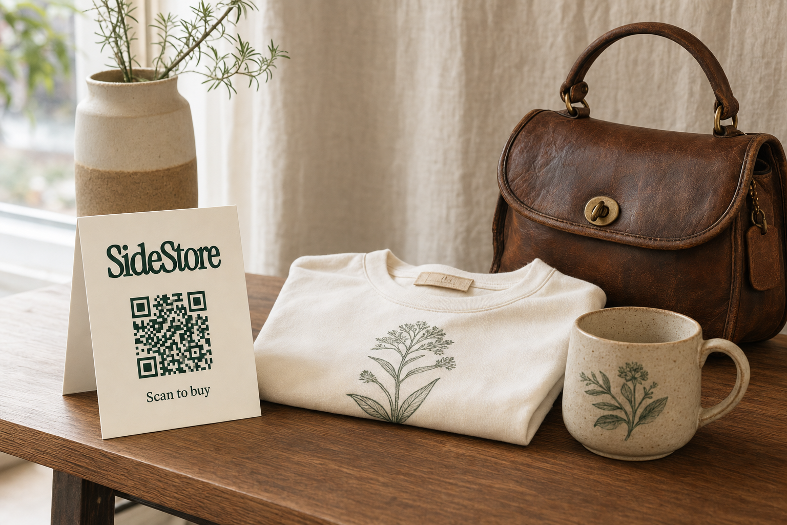 A wooden table displays a SideStore promotional card with QR code, a cream-colored sweatshirt with botanical embroidery, a speckled ceramic