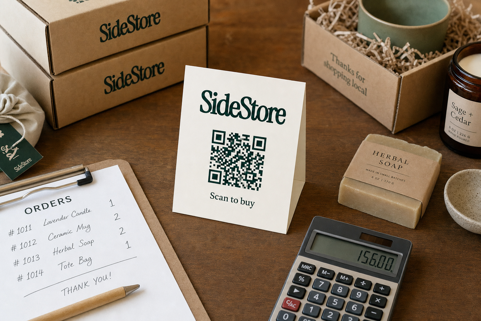 A SideStore branded display with cardboard boxes, a QR code sign, product samples including herbal soap and candles, an orders list on a cli
