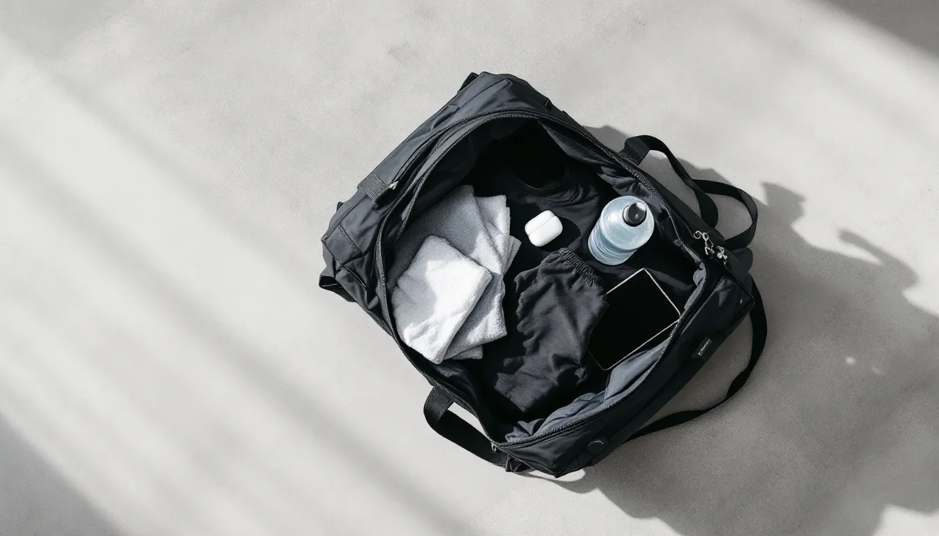 An open black gym bag viewed from above containing folded gray clothing, two water bottles, and a smartphone on a white surface