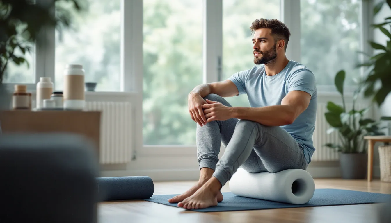 A man in a blue t-shirt and gray pants sits on a foam roller in a bright room with large windows, potted plants, and skincare products on a