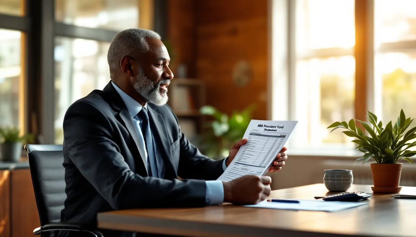 A man in a business suit sits at a desk reviewing financial documents labeled "NBC Provident Fund Withdrawal" with a potted plant visible in the background