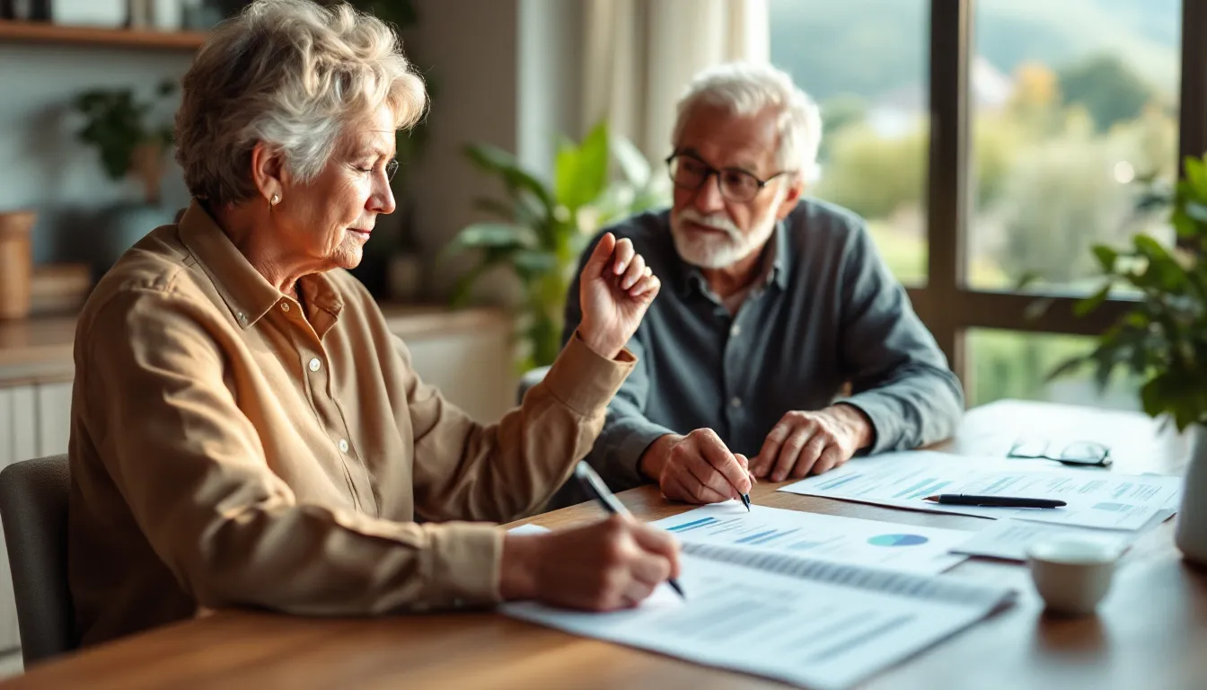 Two older adults sit at a table reviewing financial documents together by a bright window with a scenic landscape view