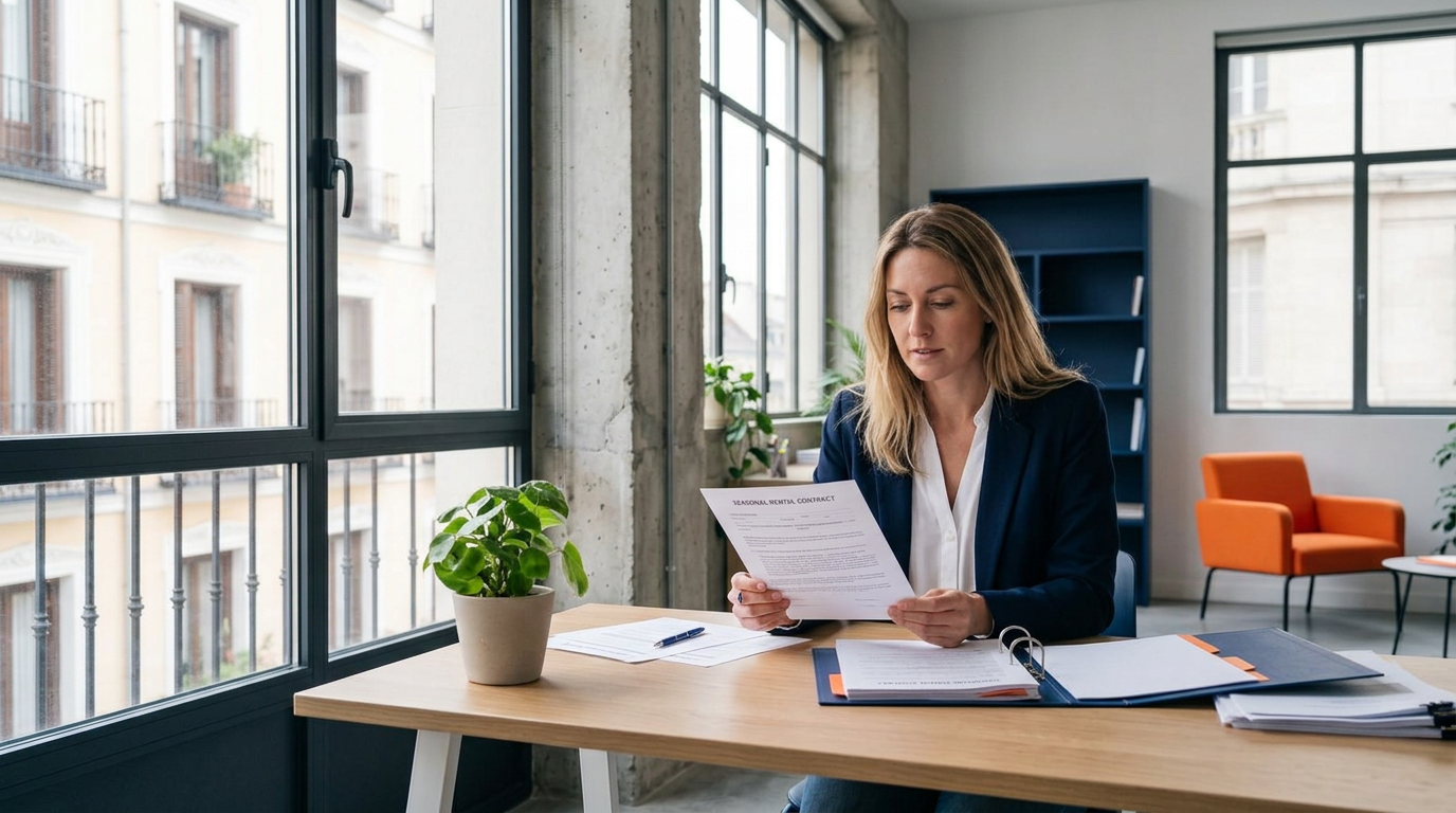 A woman in business attire sits at a wooden desk reviewing a rental contract document, with a potted plant, papers, and a blue folder on the