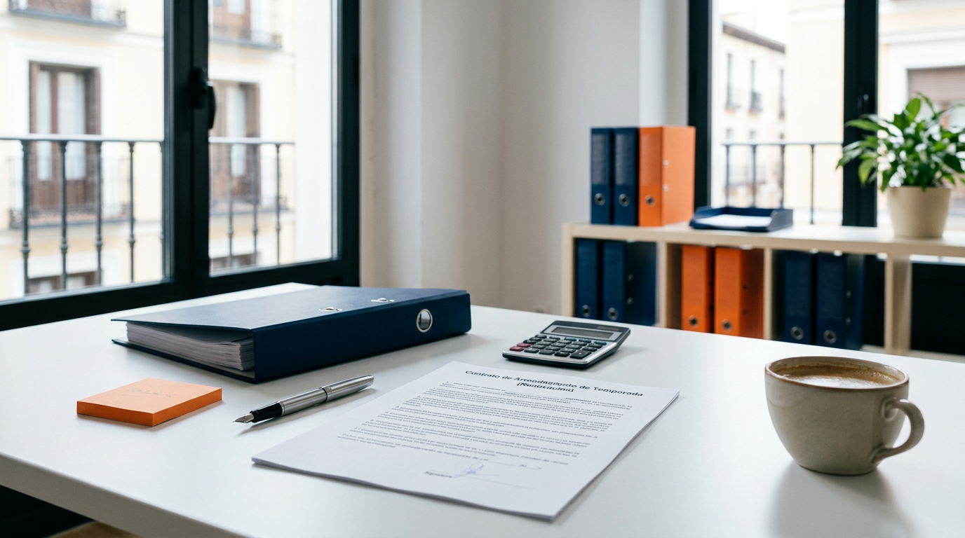 A bright office workspace with a white desk overlooking a Parisian balcony, featuring a dark blue binder, orange sticky notes, a pen, a prin