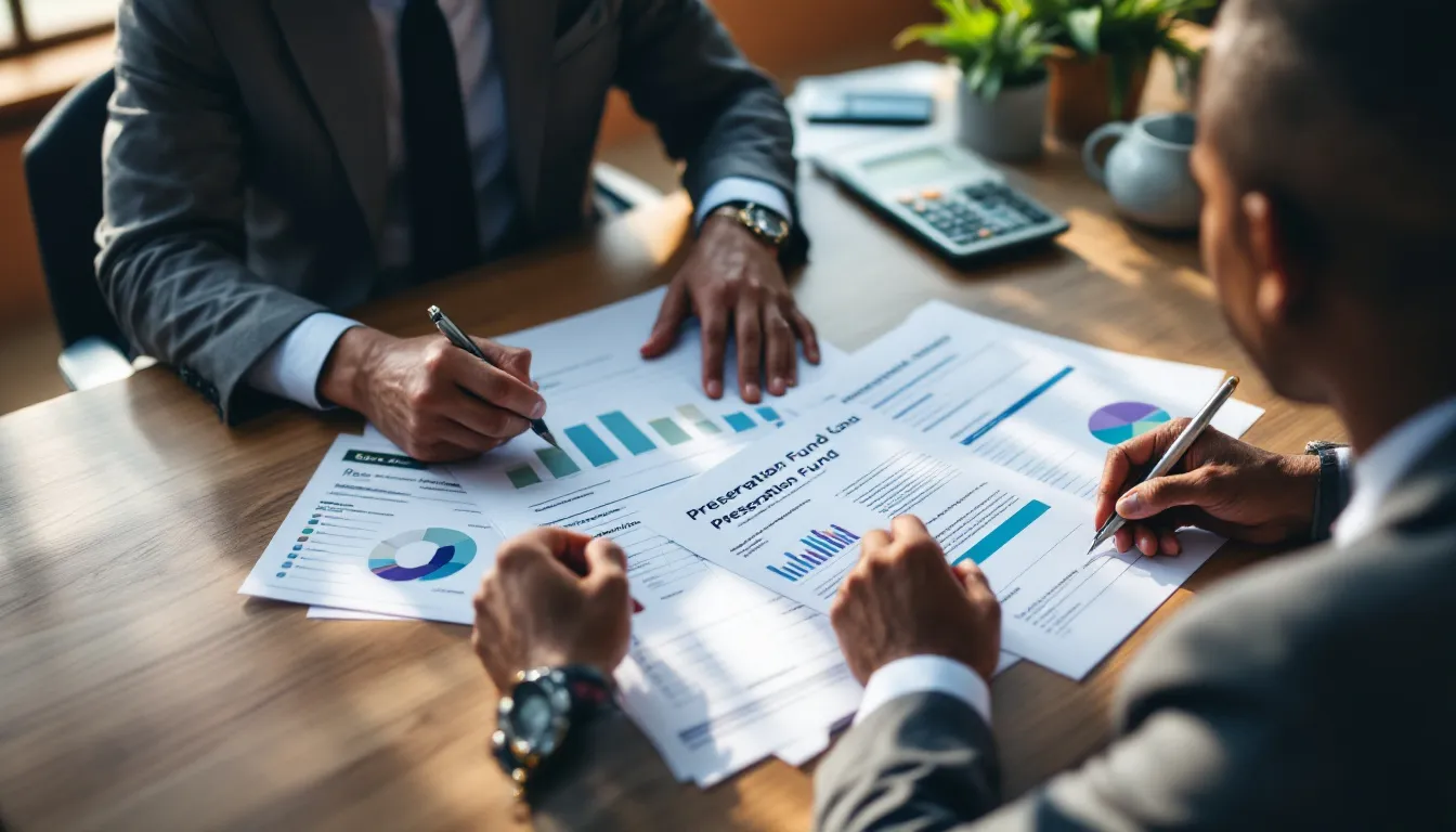 Two business professionals review financial documents with charts and graphs on a wooden desk, with a calculator and potted plant visible