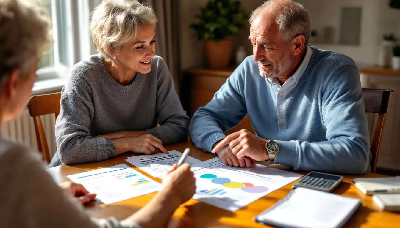 Three people review financial documents with charts and graphs spread across a wooden table during a retirement planning discussion