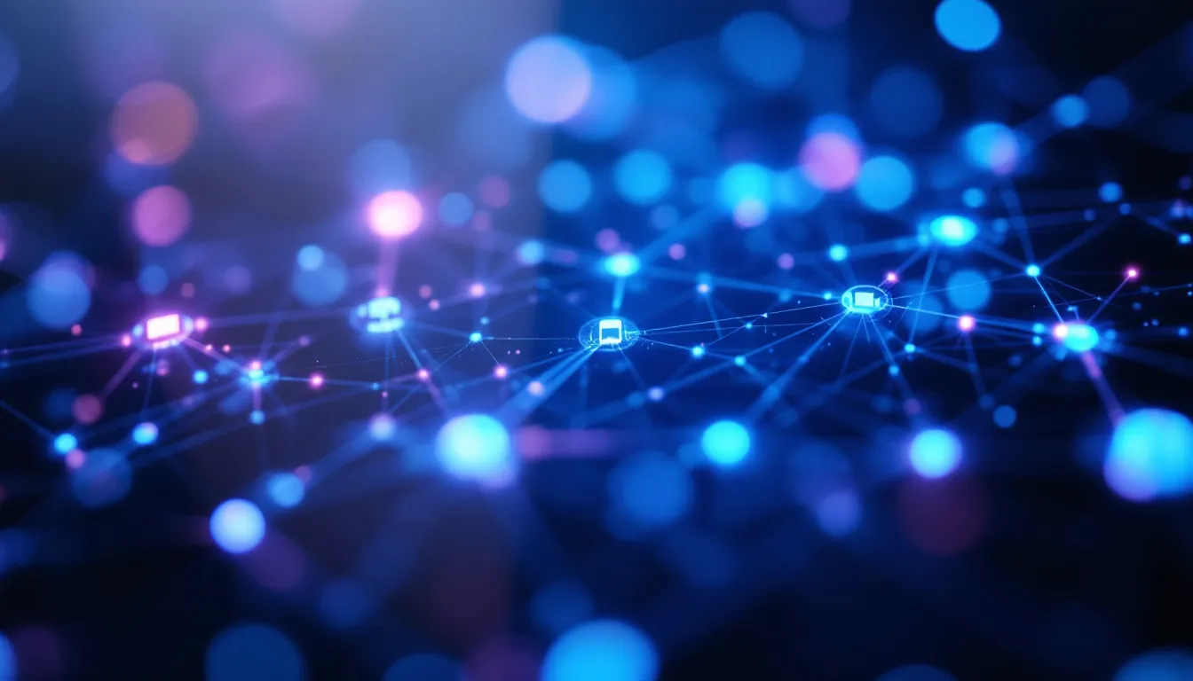 Abstract digital network visualization with glowing blue and pink nodes connected by lines against a dark background