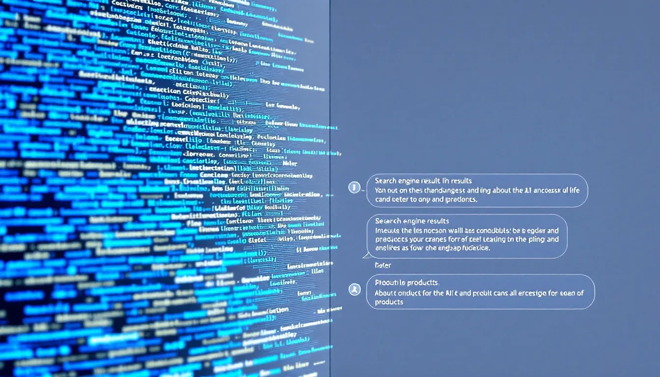 Computer screen displaying blue and white lines of code on the left side with three speech bubbles on the right containing text about search
