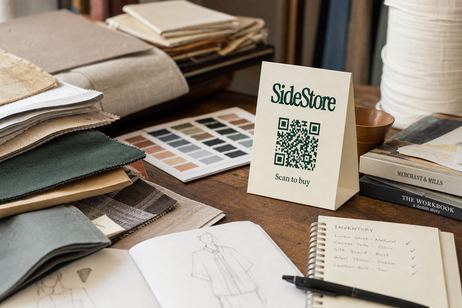 A wooden table displays fabric swatches, color palettes, design sketches, books about textiles and inventory, and a tent card with