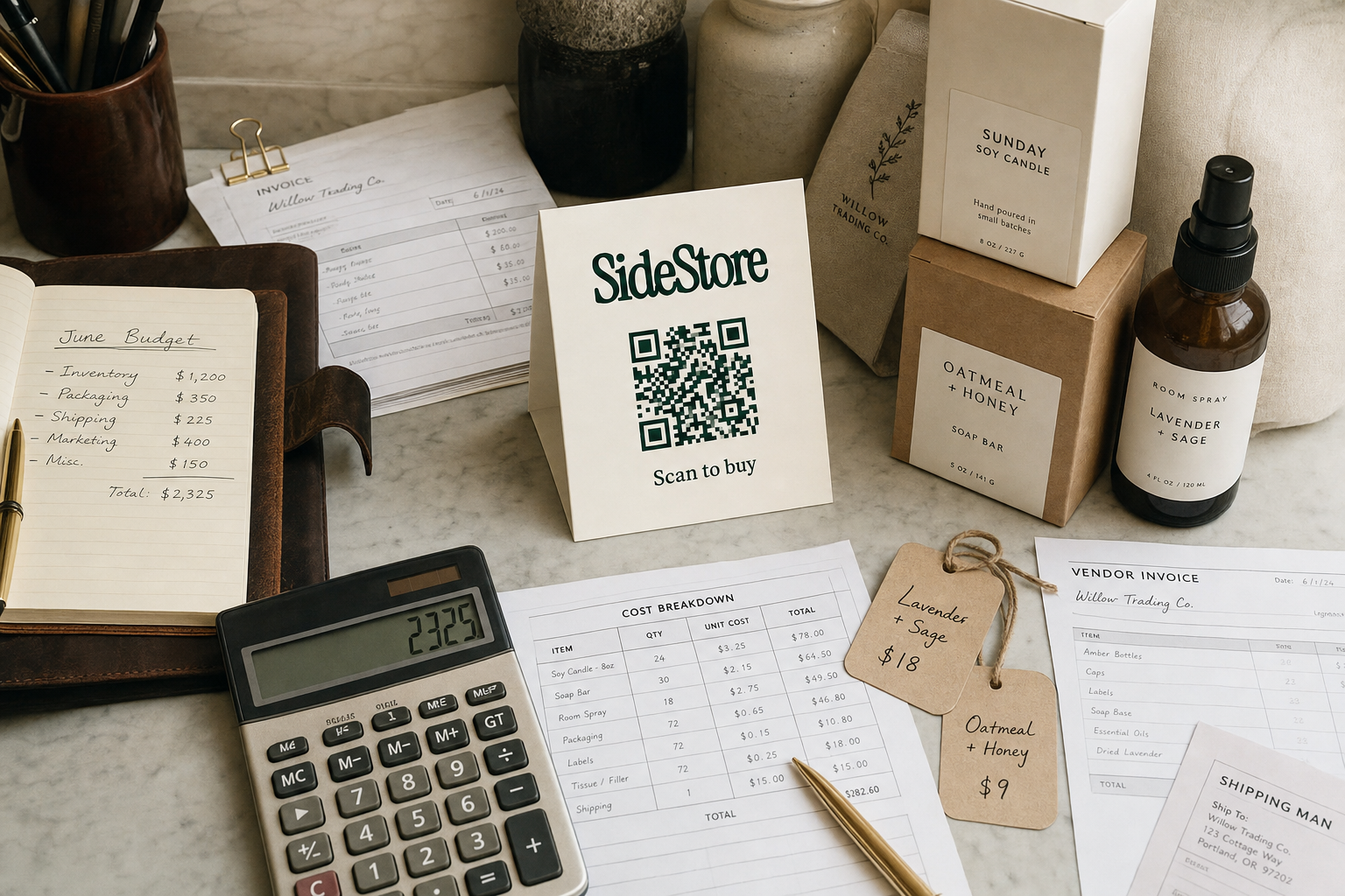 A flat lay of a small business workspace showing a calculator, budget notes, product packaging for candles and soap bars, a SideStore QR cod