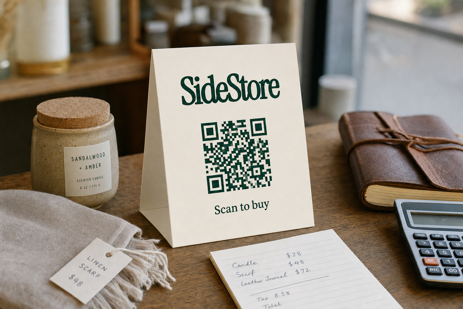 A wooden table displays a SideStore promotional card with a QR code next to a sandalwood and amber scented candle, linen scarf, leather jour