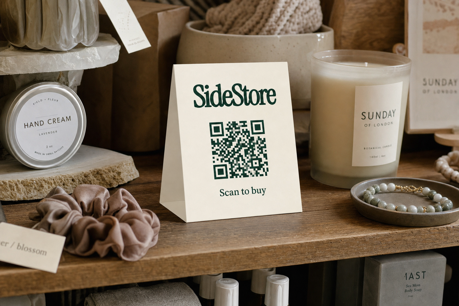 A wooden shelf displays beauty and home products including candles, hand cream, and accessories, with a white card in the center reading