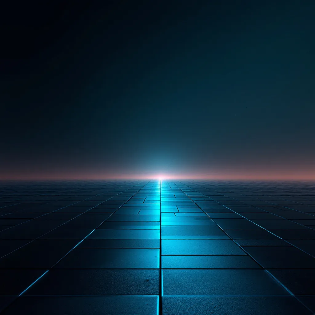 A glowing blue line stretches across a dark tiled floor toward a bright light on the horizon at dusk