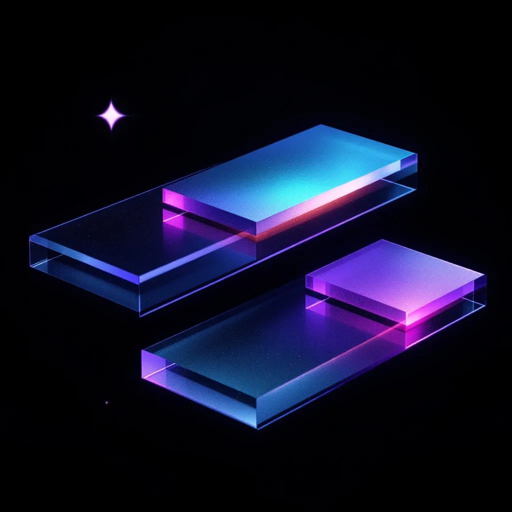 Two layered glass platforms with glowing blue and magenta neon accents against a black background, with a sparkle icon in the upper left