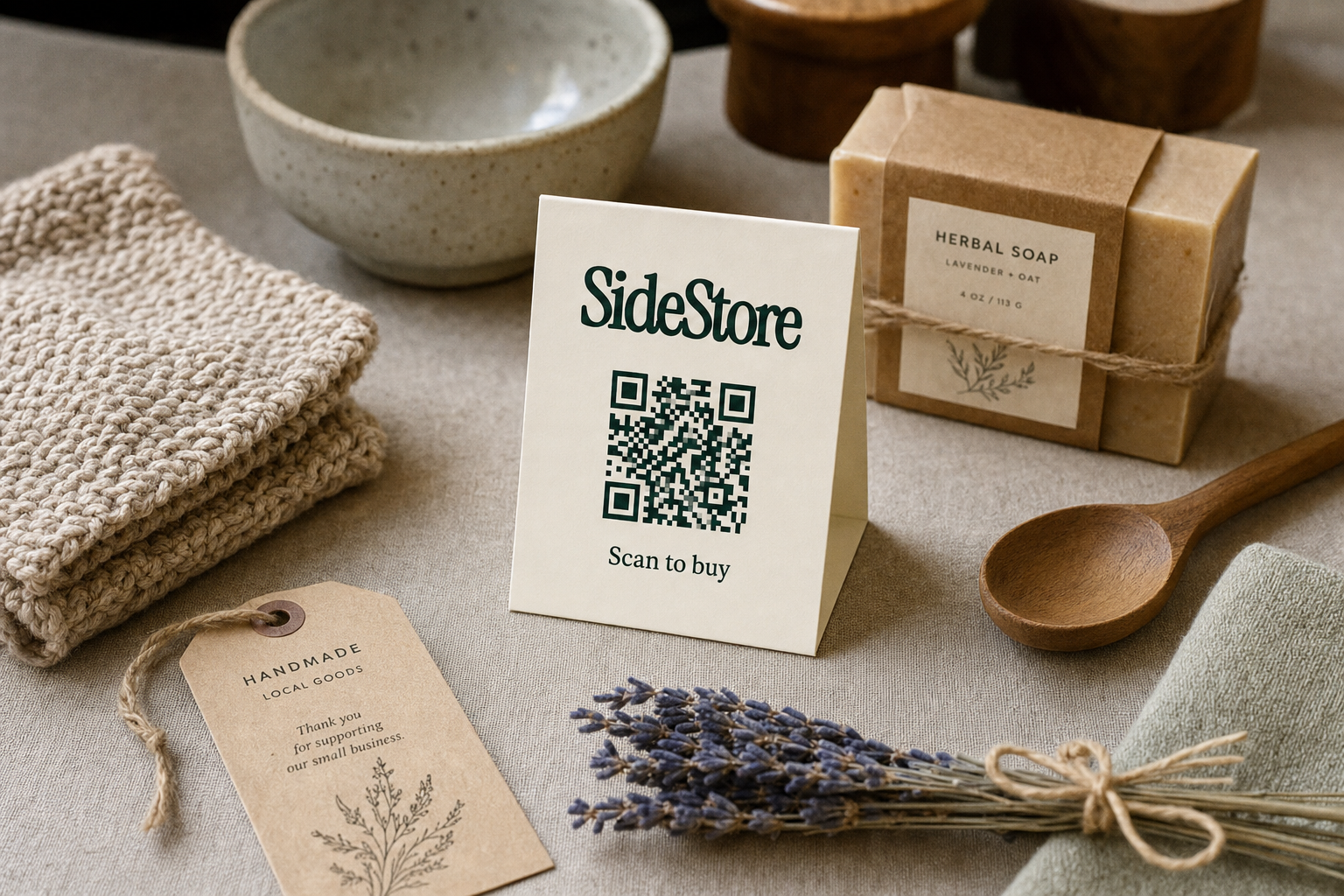 A flat lay display of handmade goods including herbal soap bars, a ceramic bowl, wooden spoon, folded linen cloth, dried lavender, and a kra