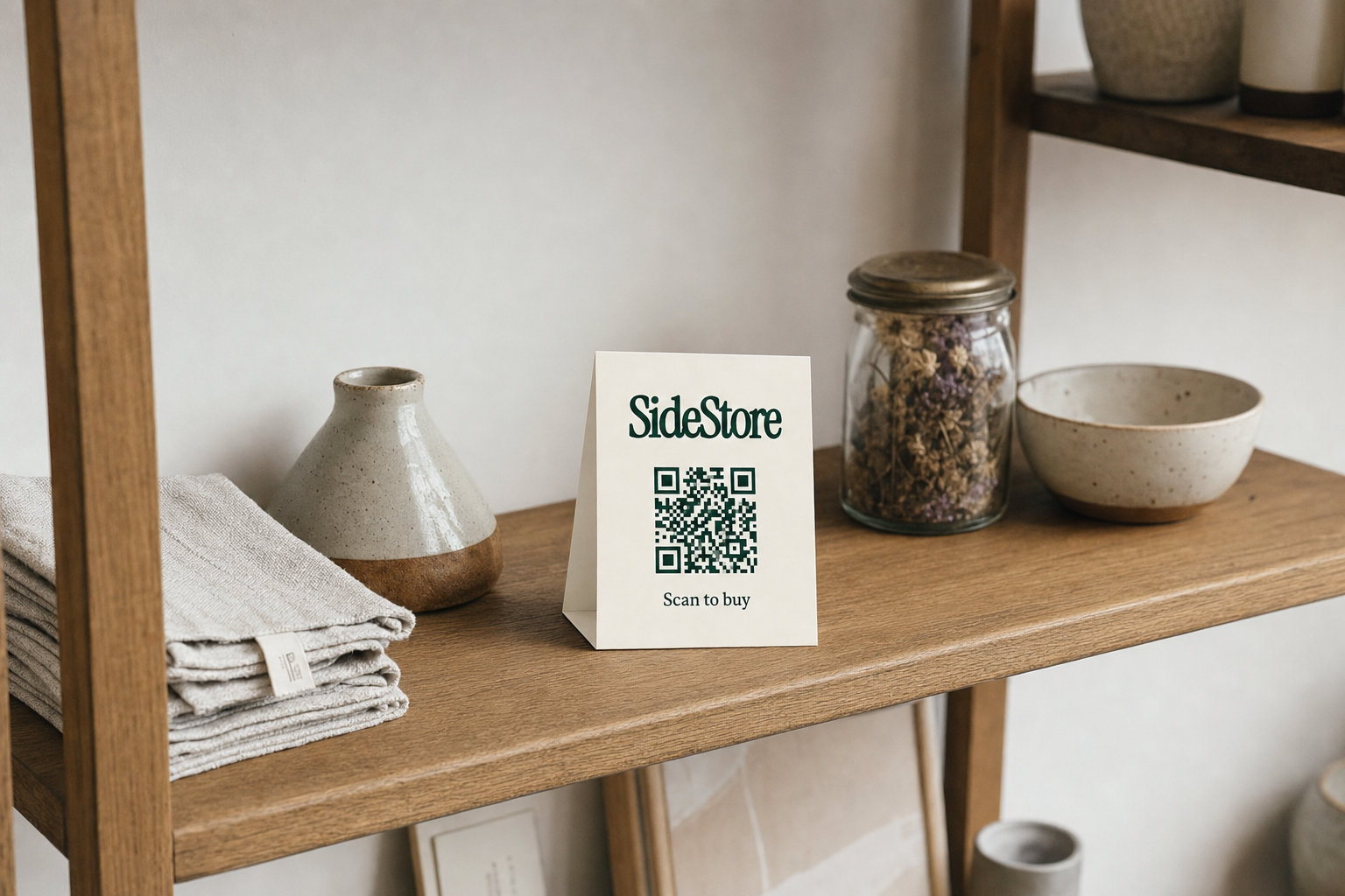 Boutique shelf with gaps between products and SideStore tent card displaying QR code