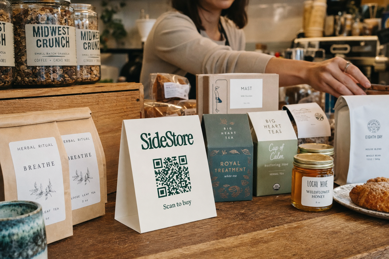 Bustling cafe counter shelf filled with local products and SideStore tent card with QR code